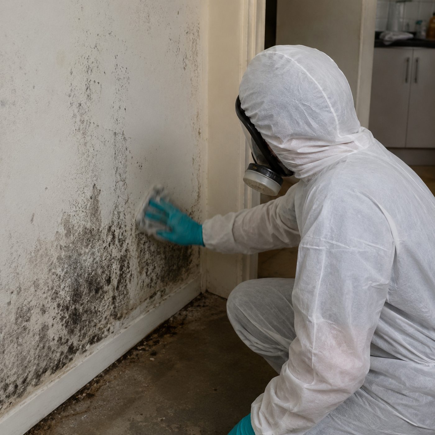 A technician in protective gear removing mould from a wall